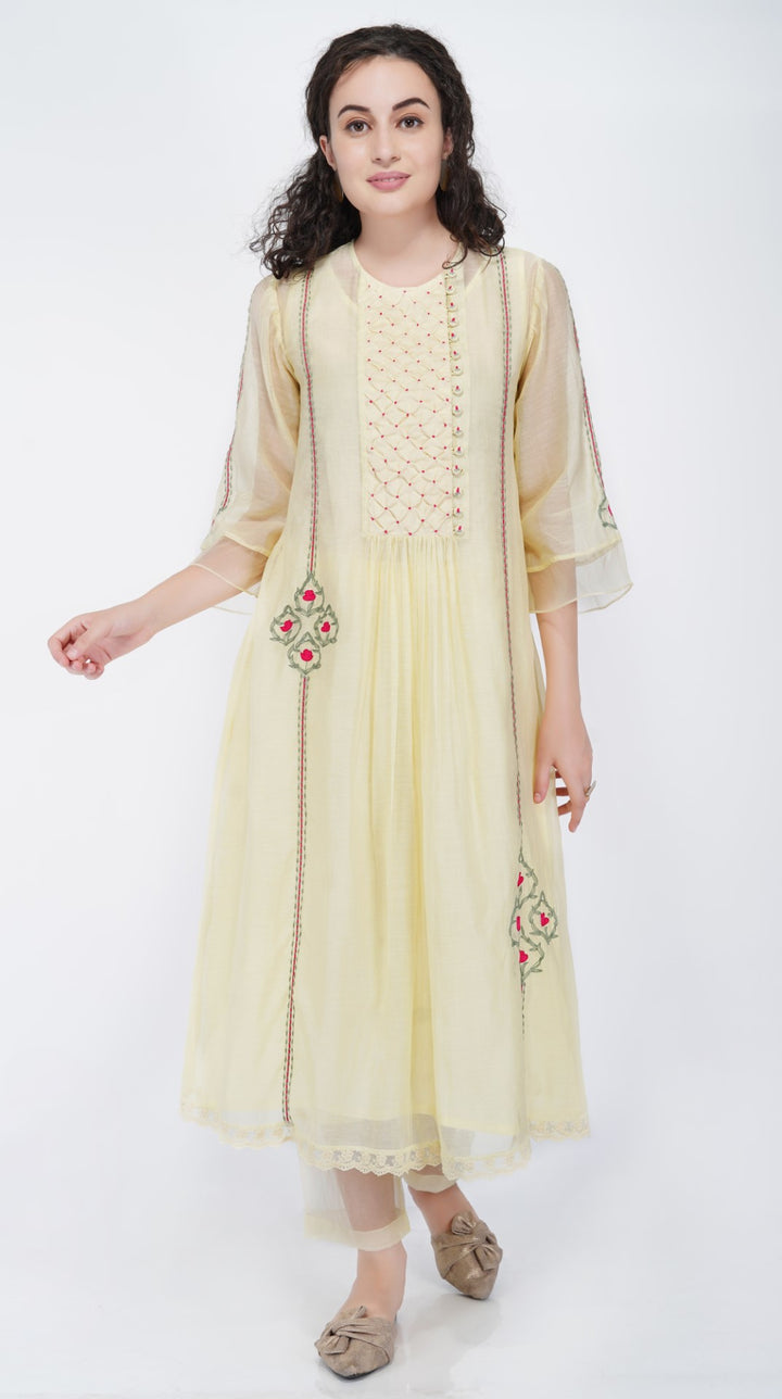 SAAWAN LEMON YELLOW CHANDERI SMOCKING WITH FLORAL EMBROIDERY KURTA WITH COTTON ORGANZA SHEER PANTS