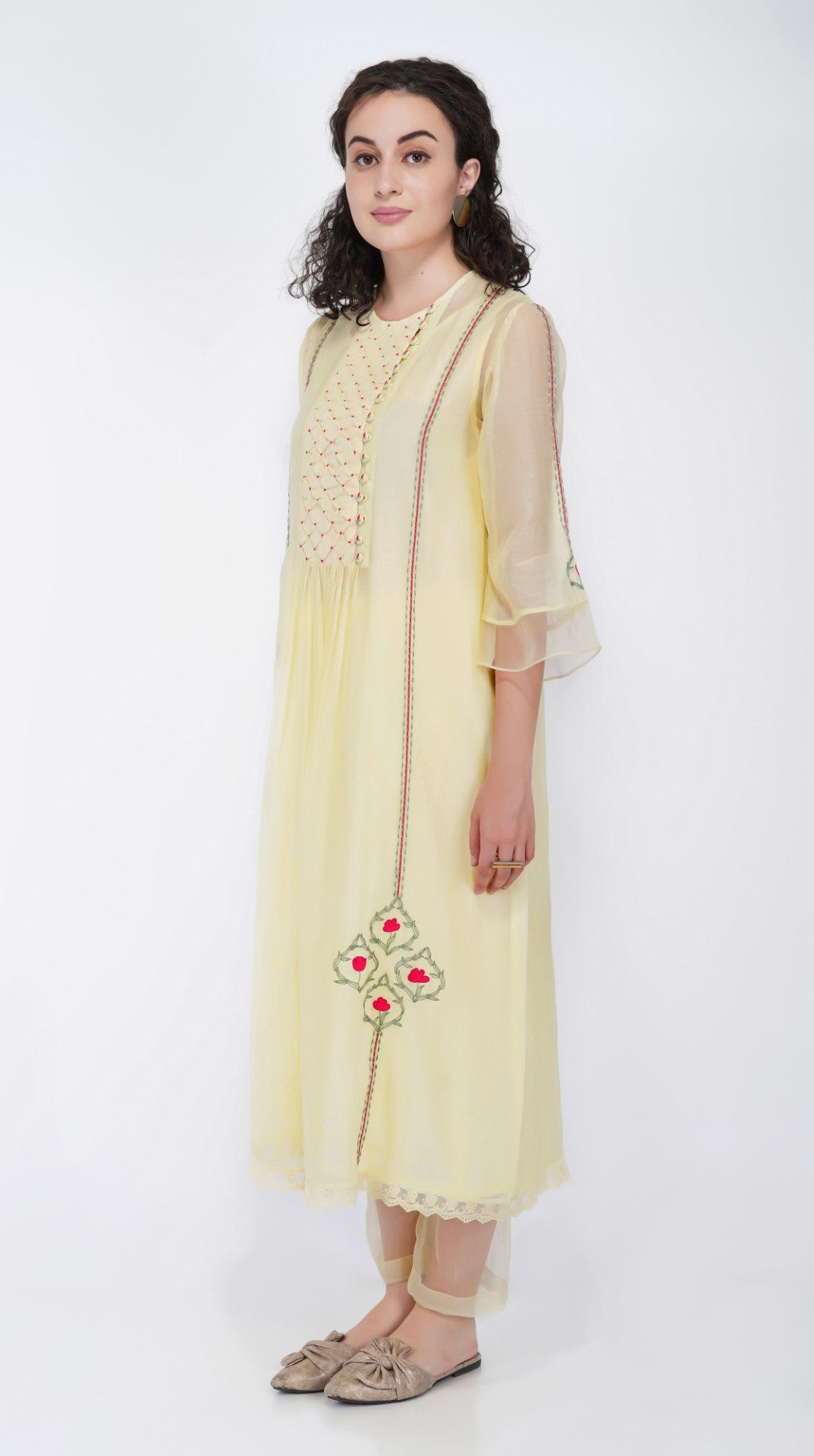 SAAWAN LEMON YELLOW CHANDERI SMOCKING WITH FLORAL EMBROIDERY KURTA WITH COTTON ORGANZA SHEER PANTS