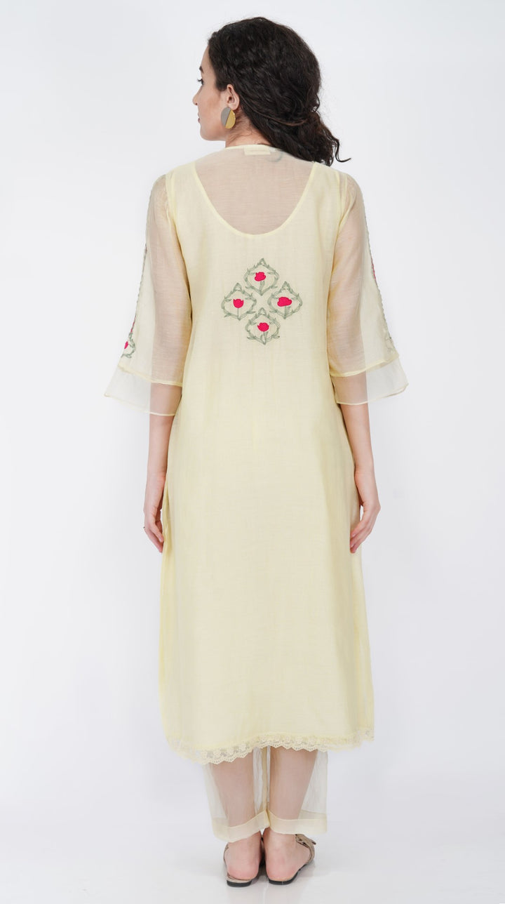 SAAWAN LEMON YELLOW CHANDERI SMOCKING WITH FLORAL EMBROIDERY KURTA WITH COTTON ORGANZA SHEER PANTS