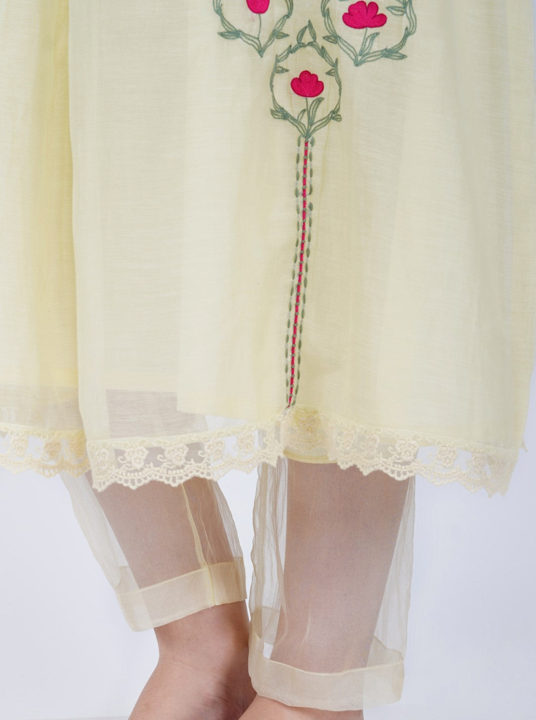 SAAWAN LEMON YELLOW CHANDERI SMOCKING WITH FLORAL EMBROIDERY KURTA WITH COTTON ORGANZA SHEER PANTS