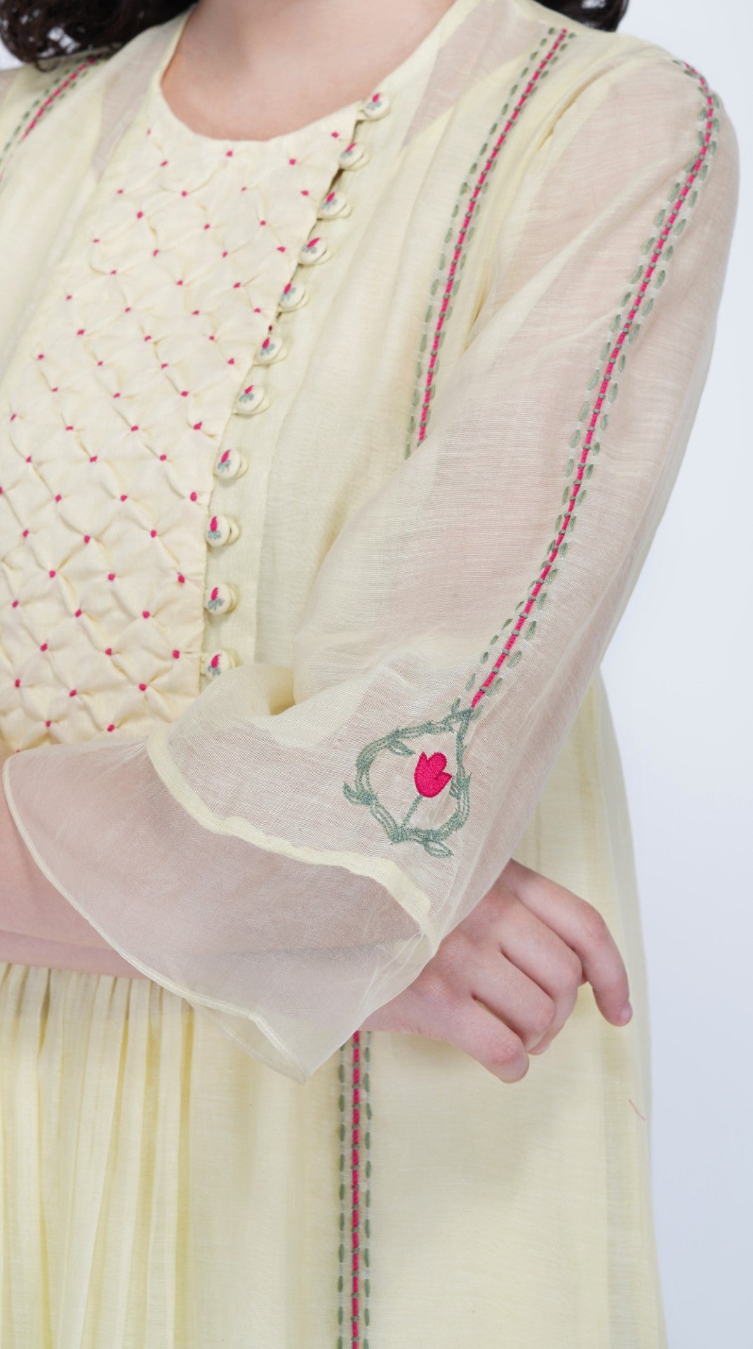 SAAWAN LEMON YELLOW CHANDERI SMOCKING WITH FLORAL EMBROIDERY KURTA WITH COTTON ORGANZA SHEER PANTS