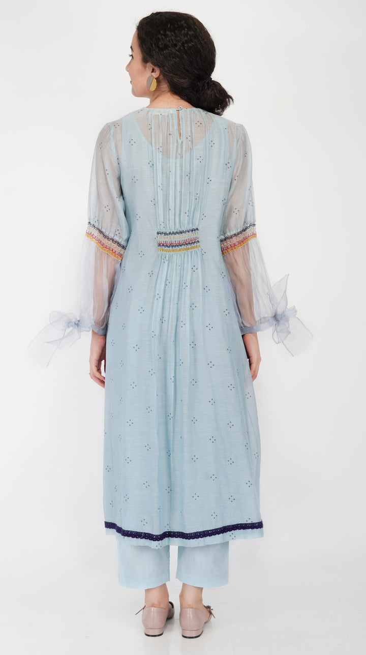 SAAWAN POWDER BLUE KAFTAN WITH SMOCKING EMBROIDERY WITH COTTON STRAIGHT PANTS