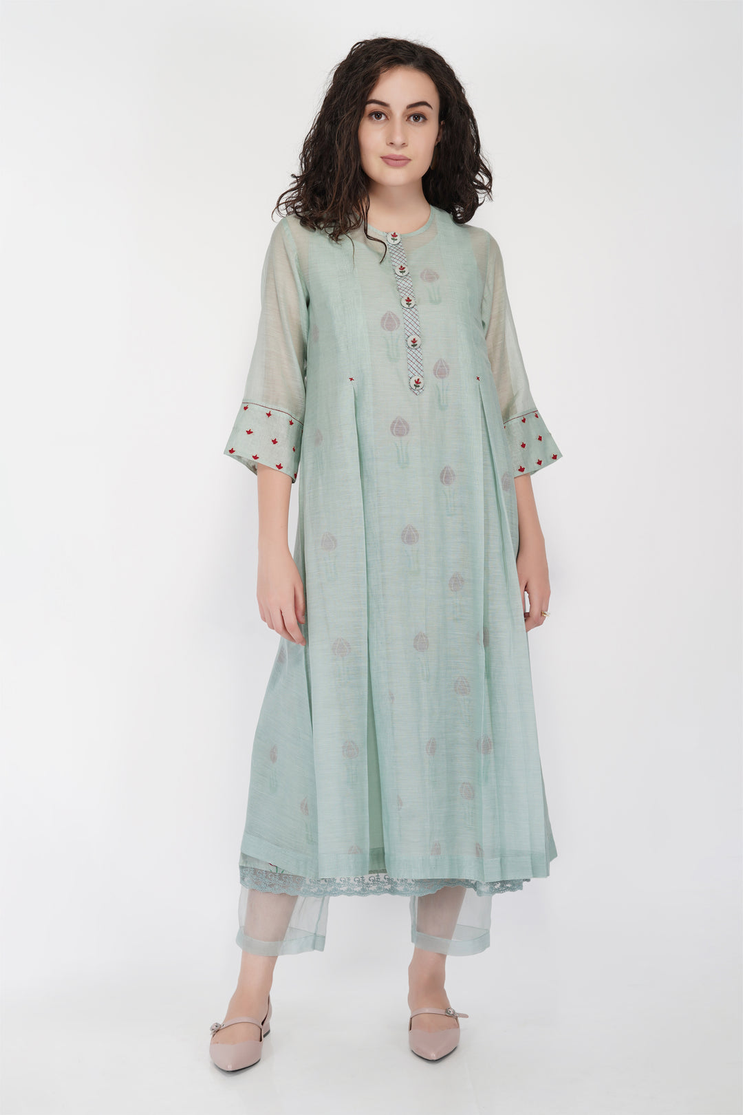 SAAWAN SAGE GREEN BOX PLEAT WITH BUTTON EMBROIDERY DRESS WITH COTTON ORGANZA SHEER PANTS