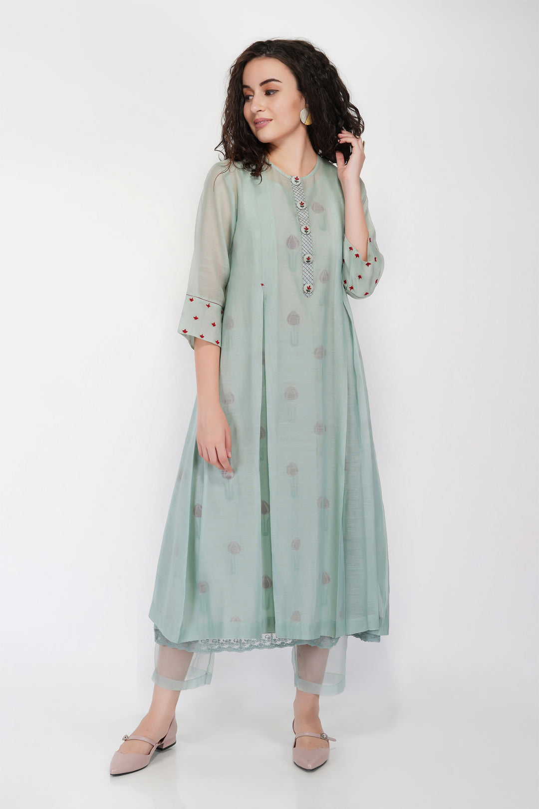 SAAWAN SAGE GREEN BOX PLEAT WITH BUTTON EMBROIDERY DRESS WITH COTTON ORGANZA SHEER PANTS