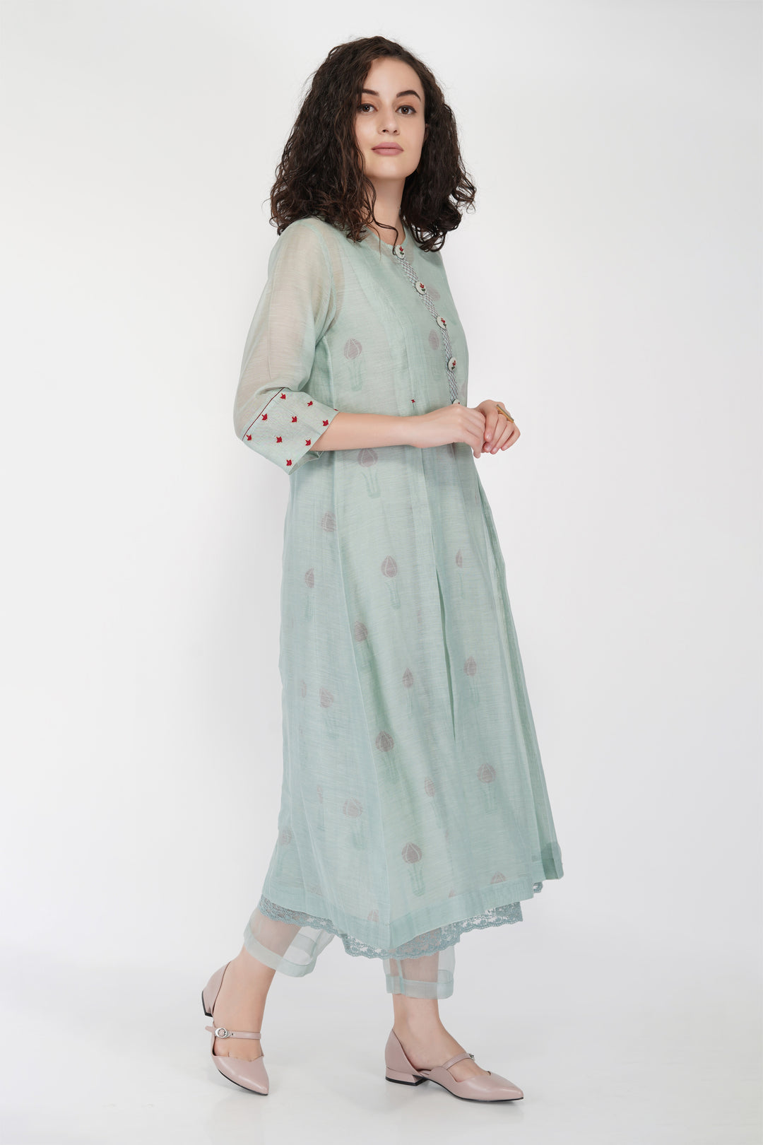 SAAWAN SAGE GREEN BOX PLEAT WITH BUTTON EMBROIDERY DRESS WITH COTTON ORGANZA SHEER PANTS