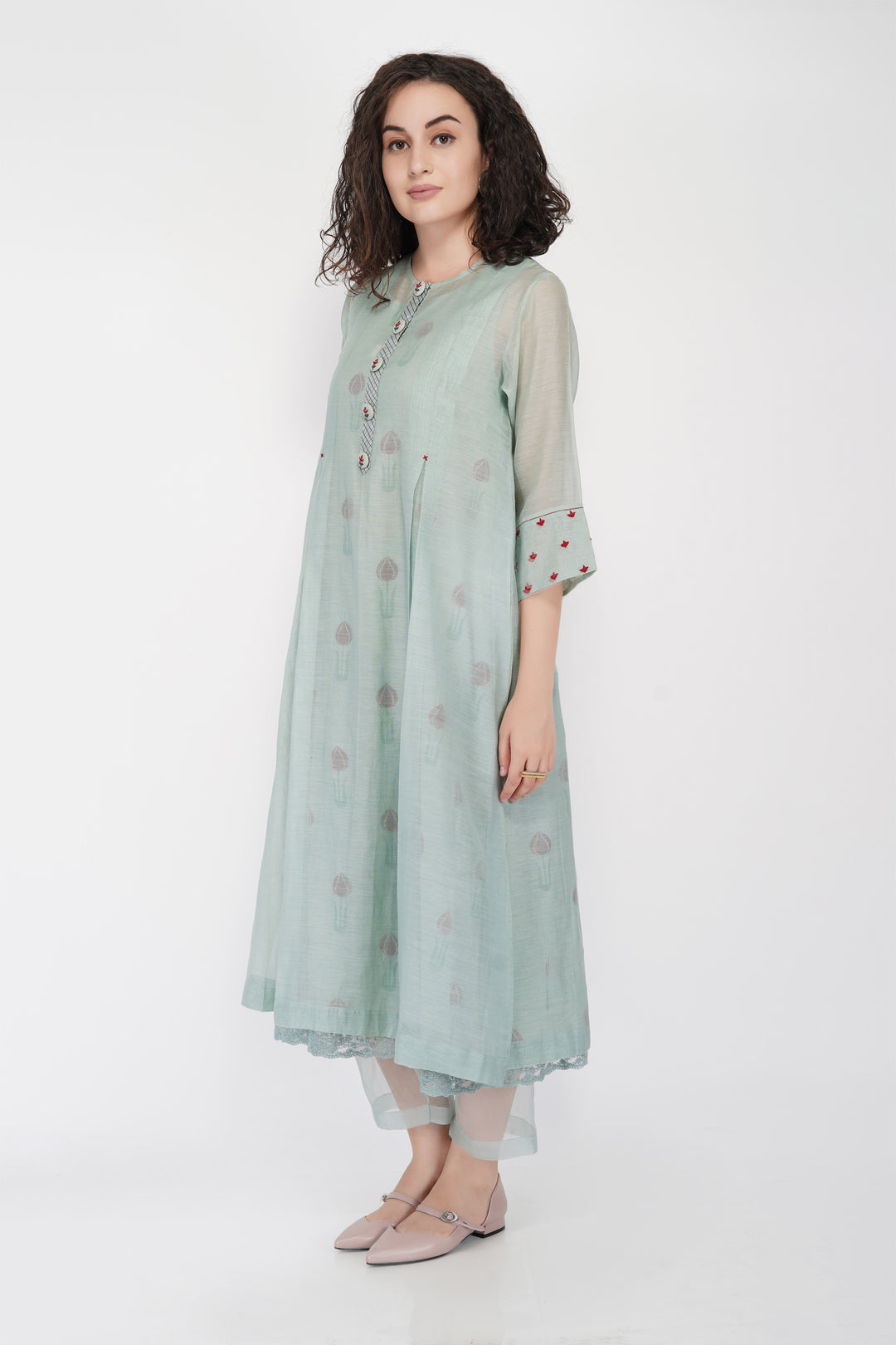 SAAWAN SAGE GREEN BOX PLEAT WITH BUTTON EMBROIDERY DRESS WITH COTTON ORGANZA SHEER PANTS