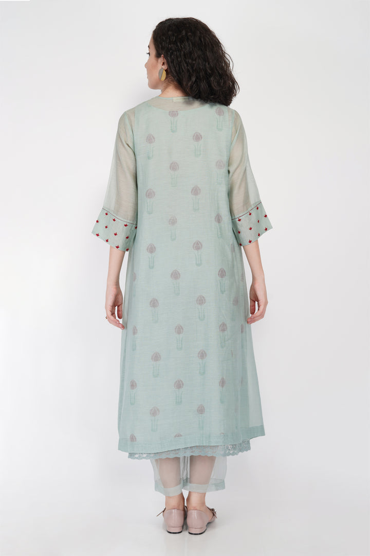 SAAWAN SAGE GREEN BOX PLEAT WITH BUTTON EMBROIDERY DRESS WITH COTTON ORGANZA SHEER PANTS