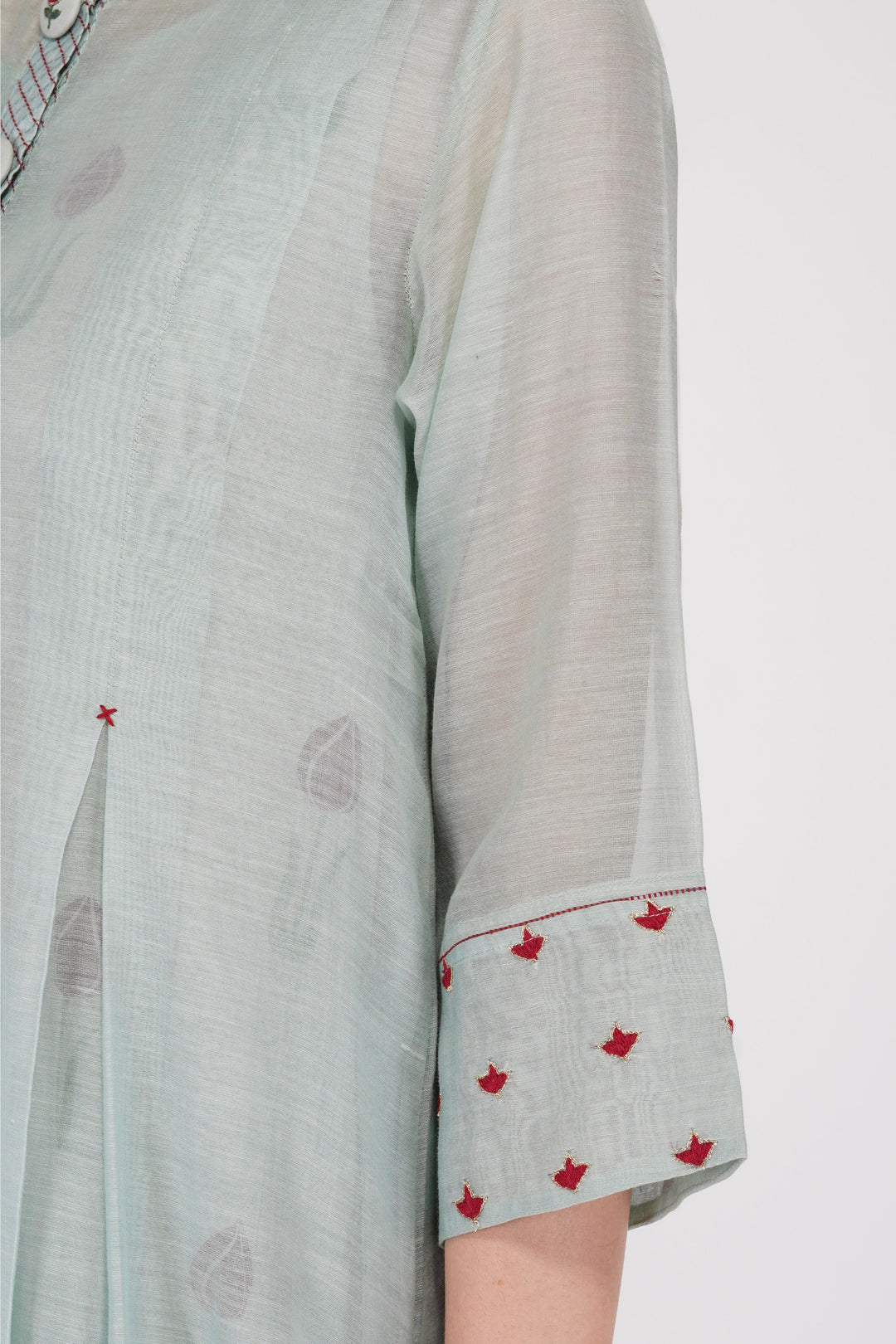 SAAWAN SAGE GREEN BOX PLEAT WITH BUTTON EMBROIDERY DRESS WITH COTTON ORGANZA SHEER PANTS