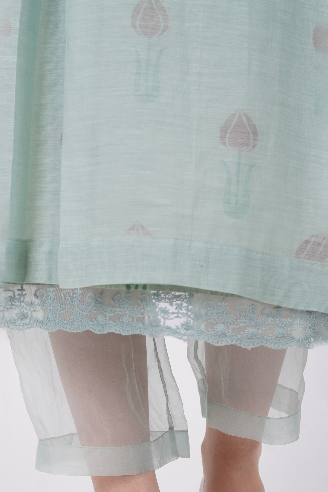 SAAWAN SAGE GREEN BOX PLEAT WITH BUTTON EMBROIDERY DRESS WITH COTTON ORGANZA SHEER PANTS