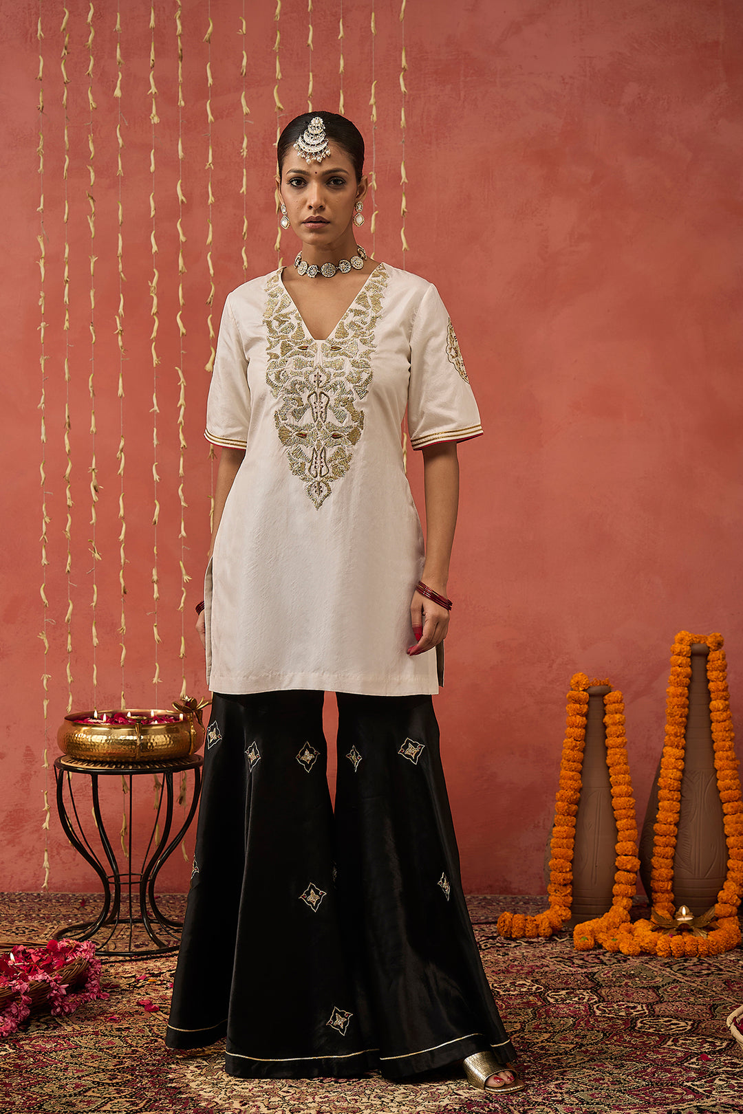 ROLI- IVORY GLASS NECK SILK SHORT EMBROIDERED KURTA