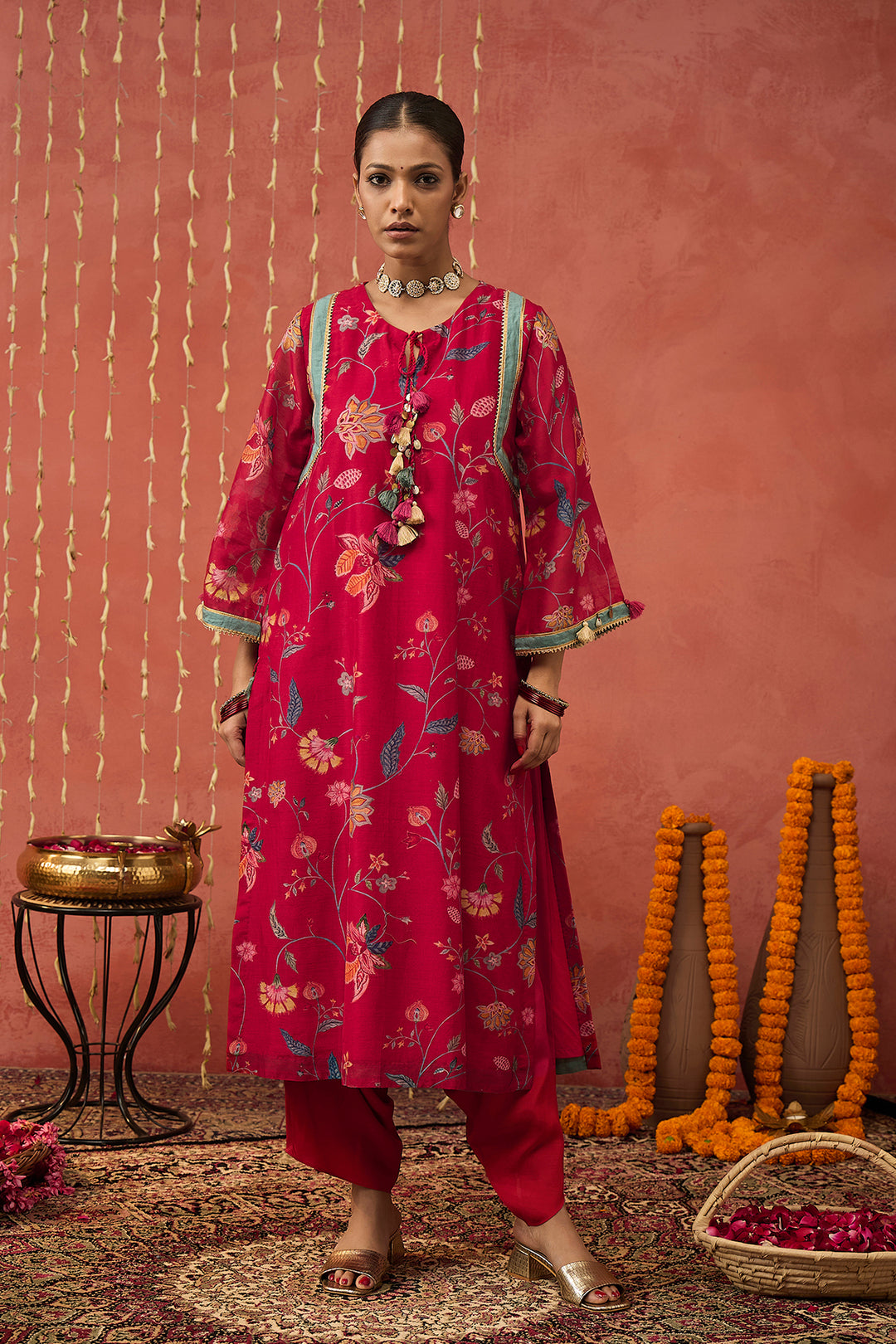 KARUNA-RED CHINTZ  CHANDERI LONG KURTA