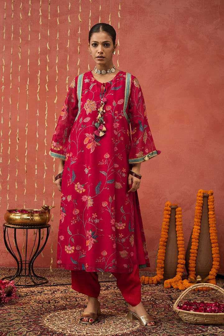 KARUNA-RED CHINTZ  CHANDERI LONG KURTA