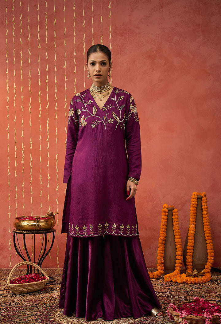 SANGEET-PURPLE  SILK EMBROIDERED SHORT KURTA SET