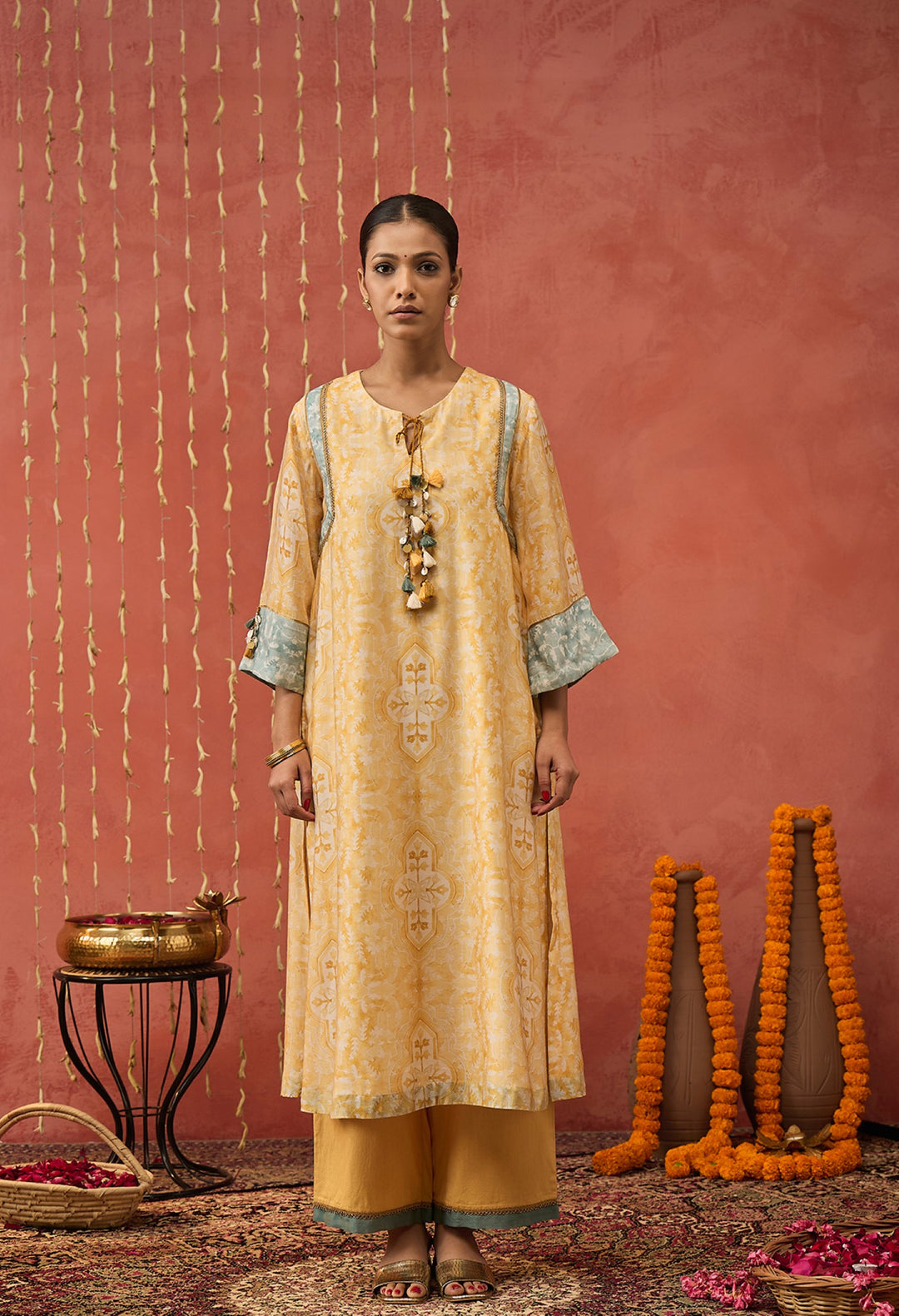 MANJARI-MUSTARD MUGHAL JAAL LONG KURTA SET