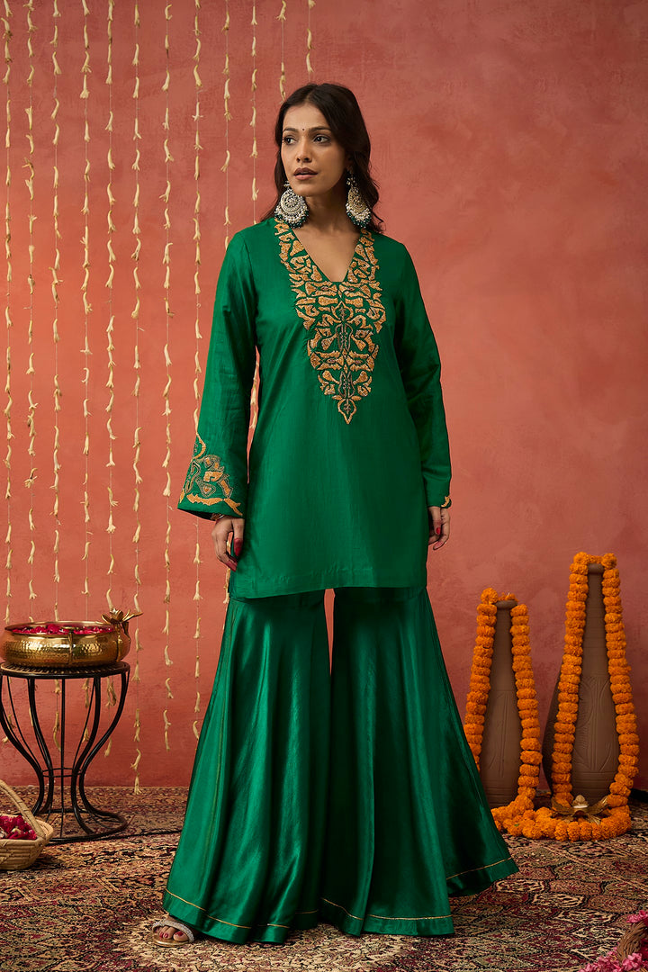 EMERALD GREEN MASHRU SILK SHARARA