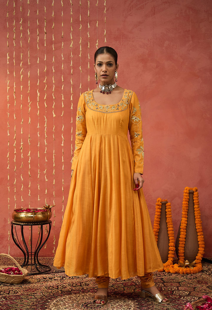 KUMKUM-MUSTARD YELLOW EMBROIDERED ANARKALI  SET