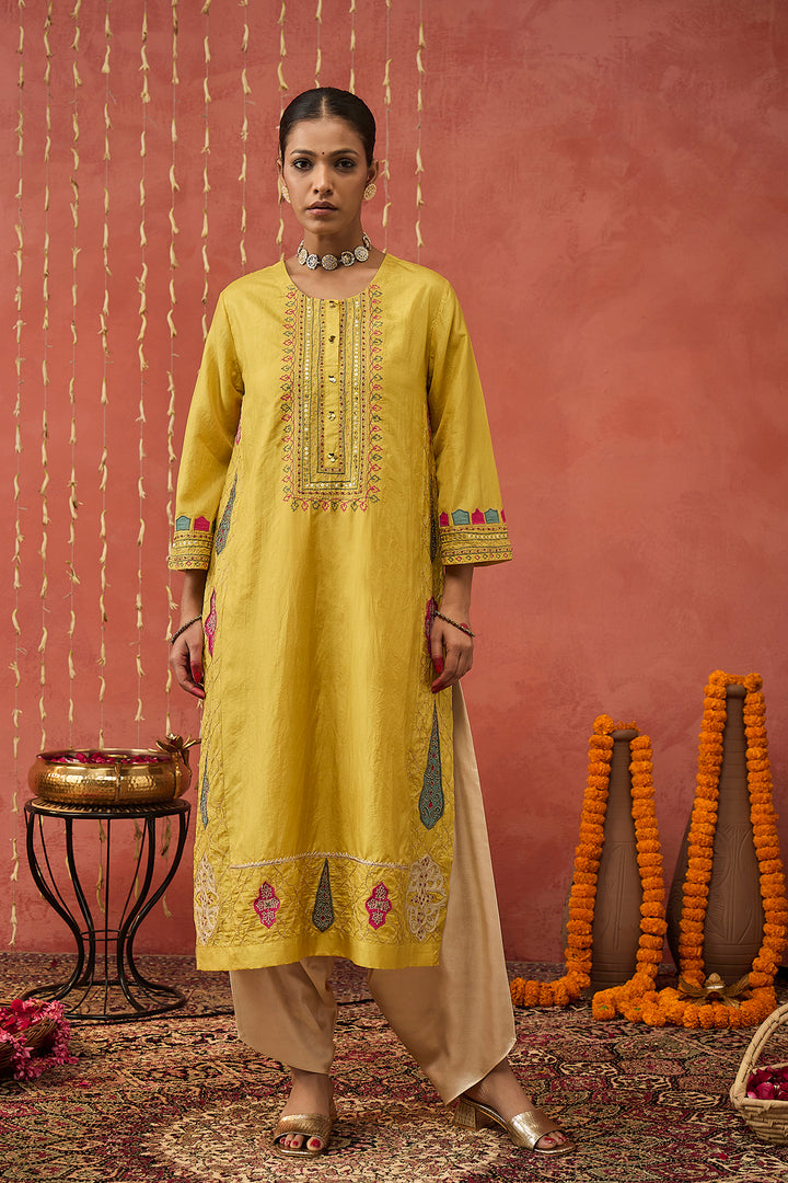 PRAGAYA-YELLOW EMBROIDERED SILK KALI KURTA SET