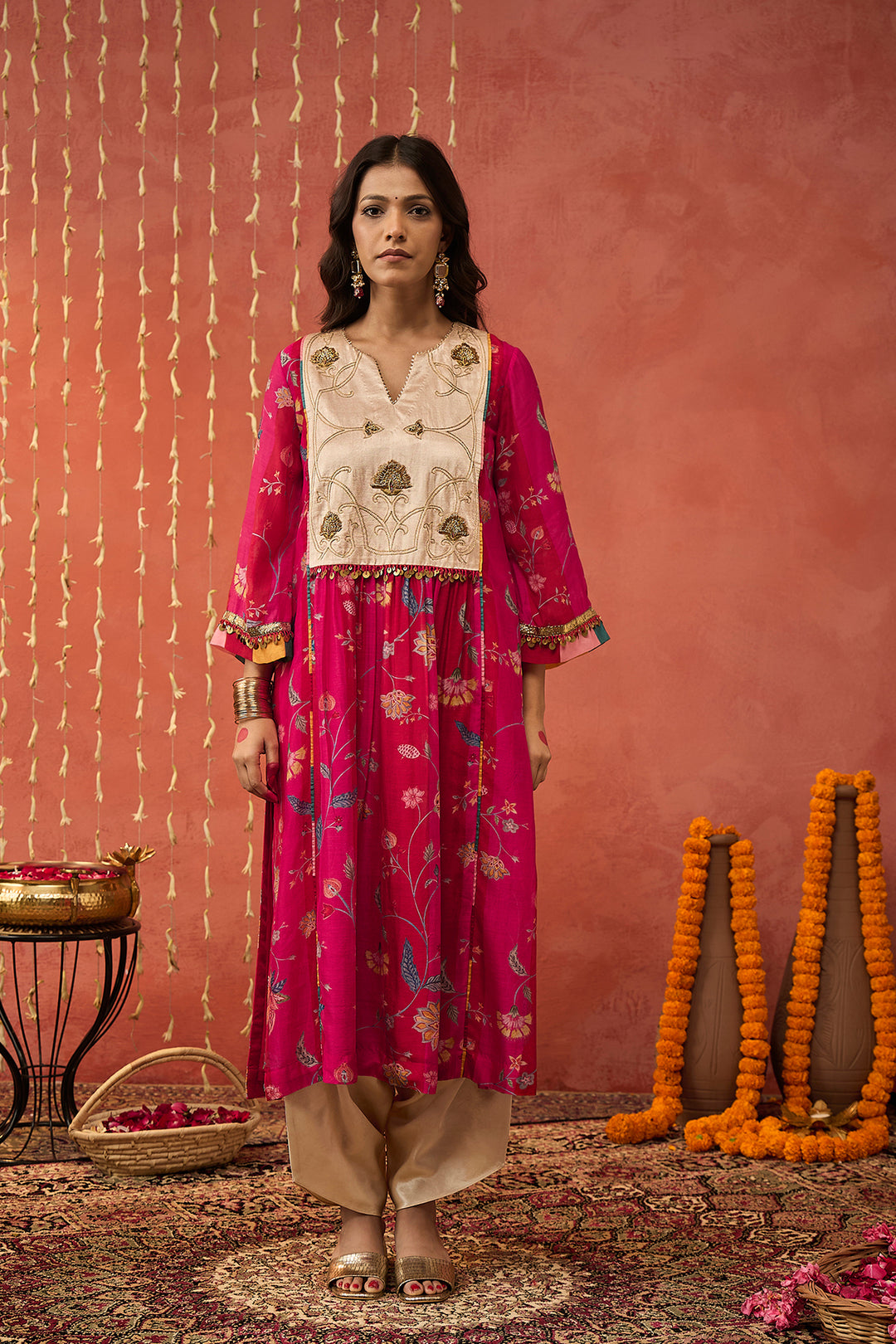 SHREE-RED CHINTZ CHANDERI EMBROIDERED KURTA WITH DHOTI SET