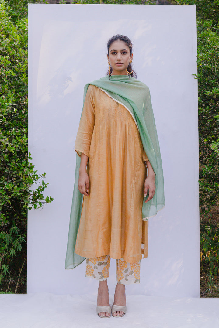 Bela Yellow mustard handloom chanderi pintuck kurta with printed pants and sage green lace stole