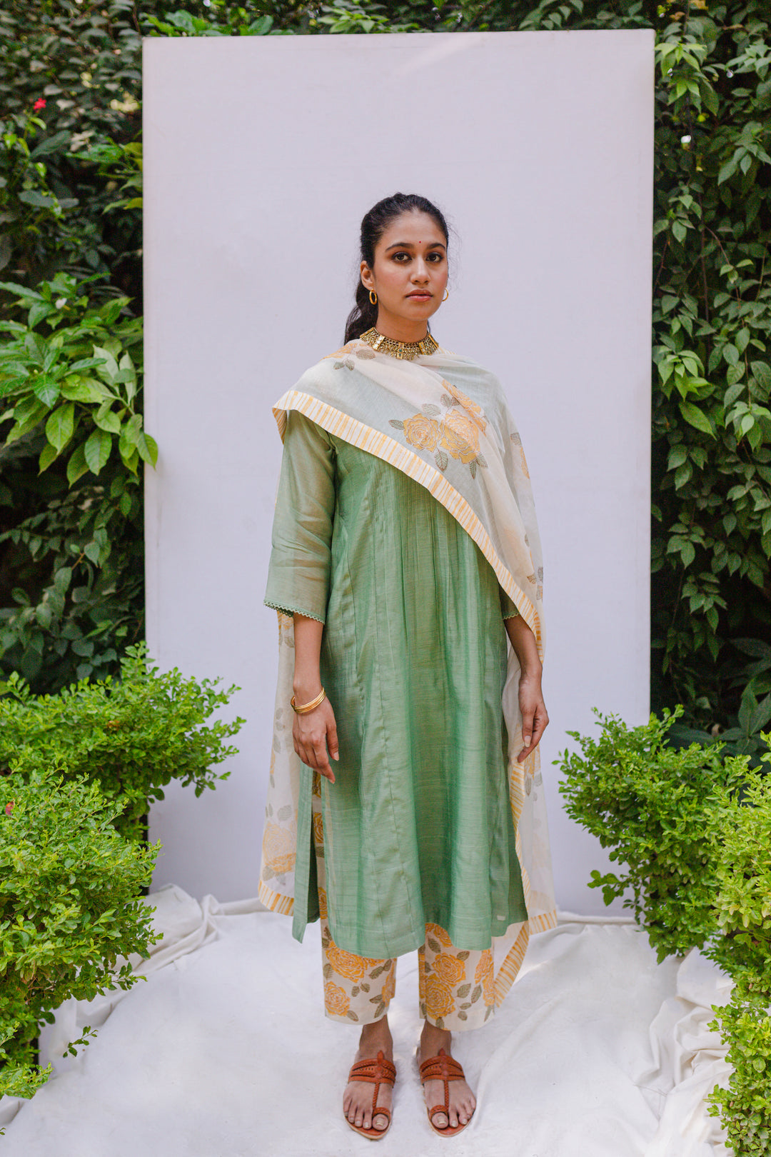 Bela Sage green handloom chanderi pintuck kurta with printed pants and printed stole