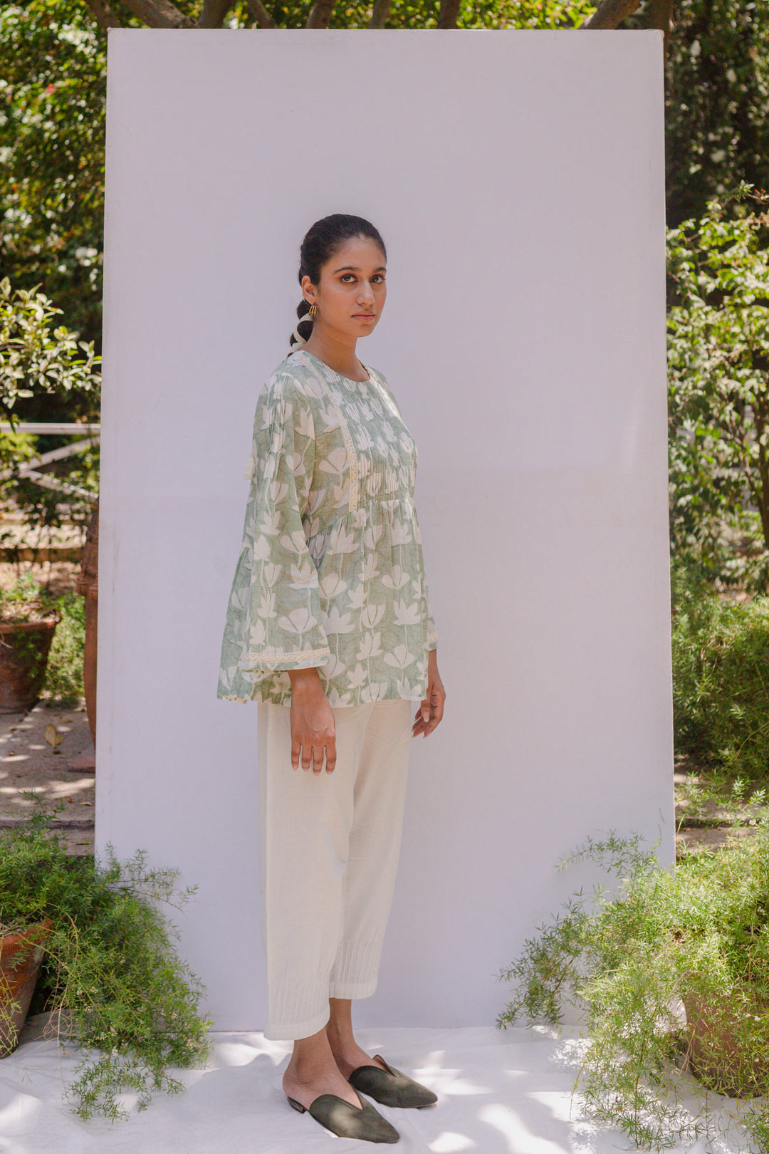 Bela Cream cotton block printed sage green gadh short tunic with pintuck pants