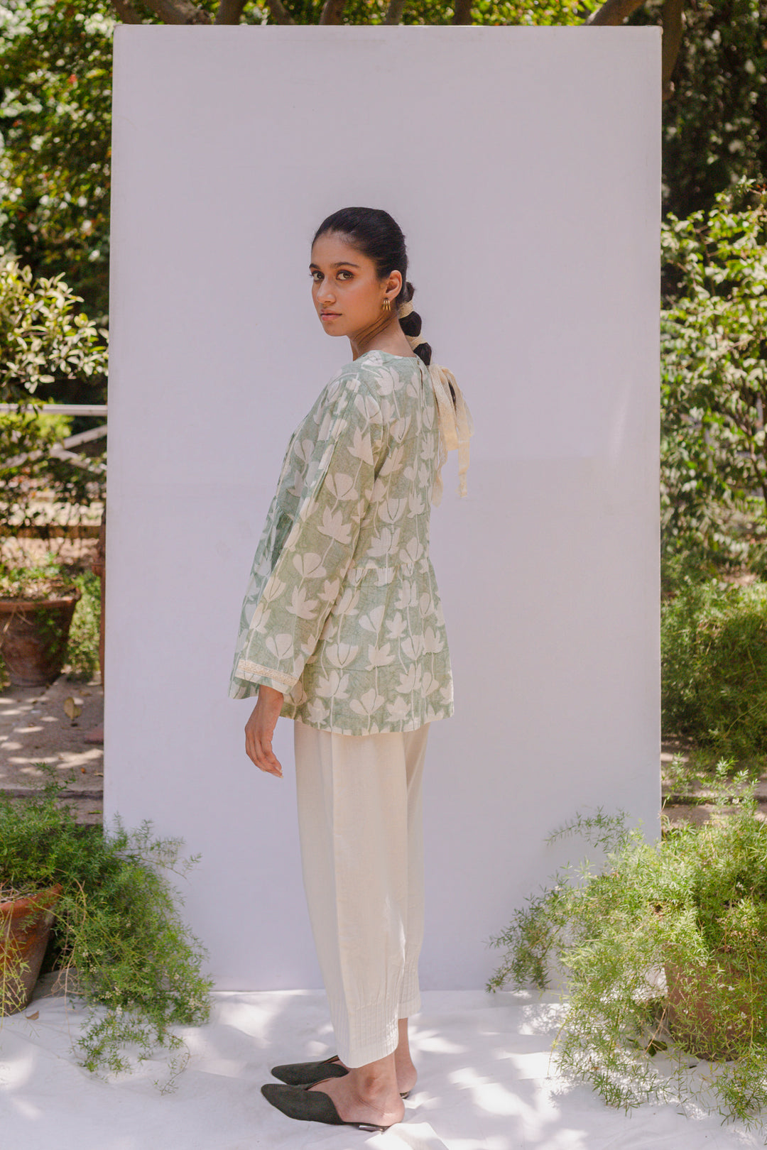 Bela Cream cotton block printed sage green gadh short tunic with pintuck pants