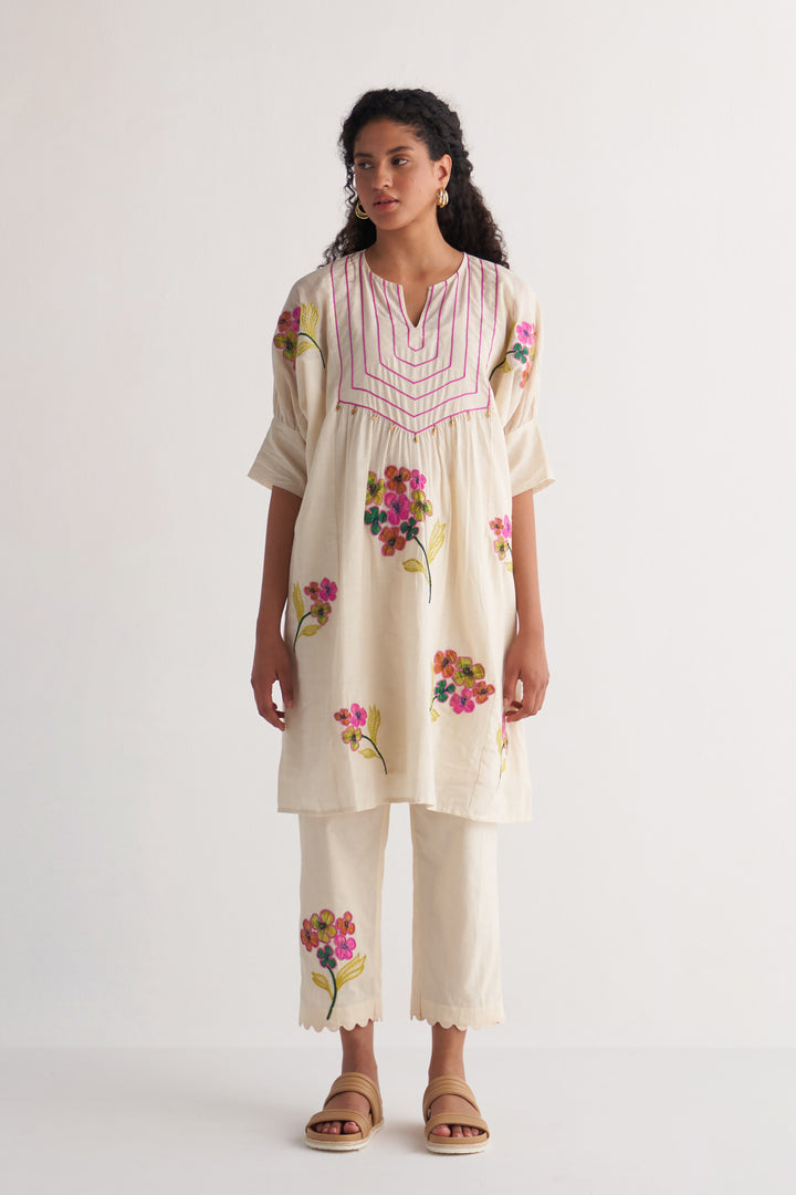 Ivory Floral Bunch Couching Yoke Cape with Pants