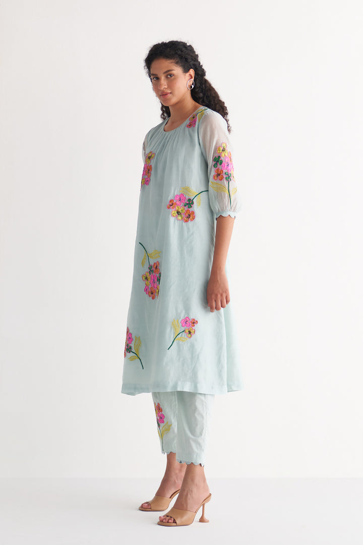 Powder Blue Floral Bunch Dress with Pants