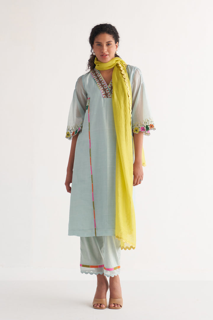 Powder Blue Floral Applique Streak Tape Kurta with Pants and scalloped Dupatta