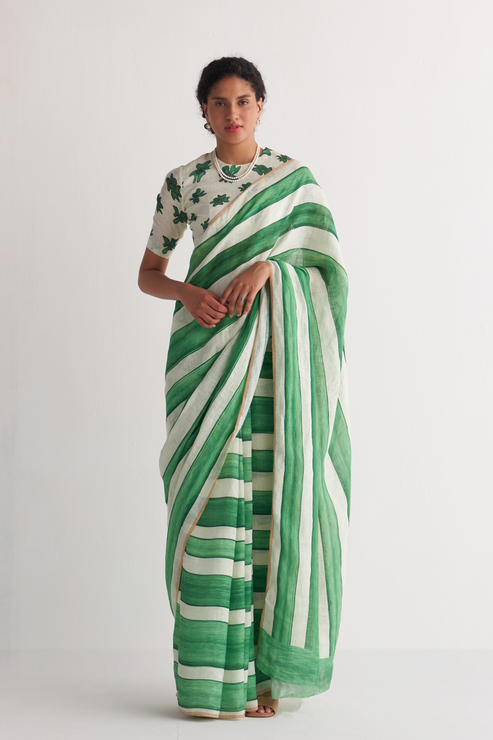 Green & White Streak Saree