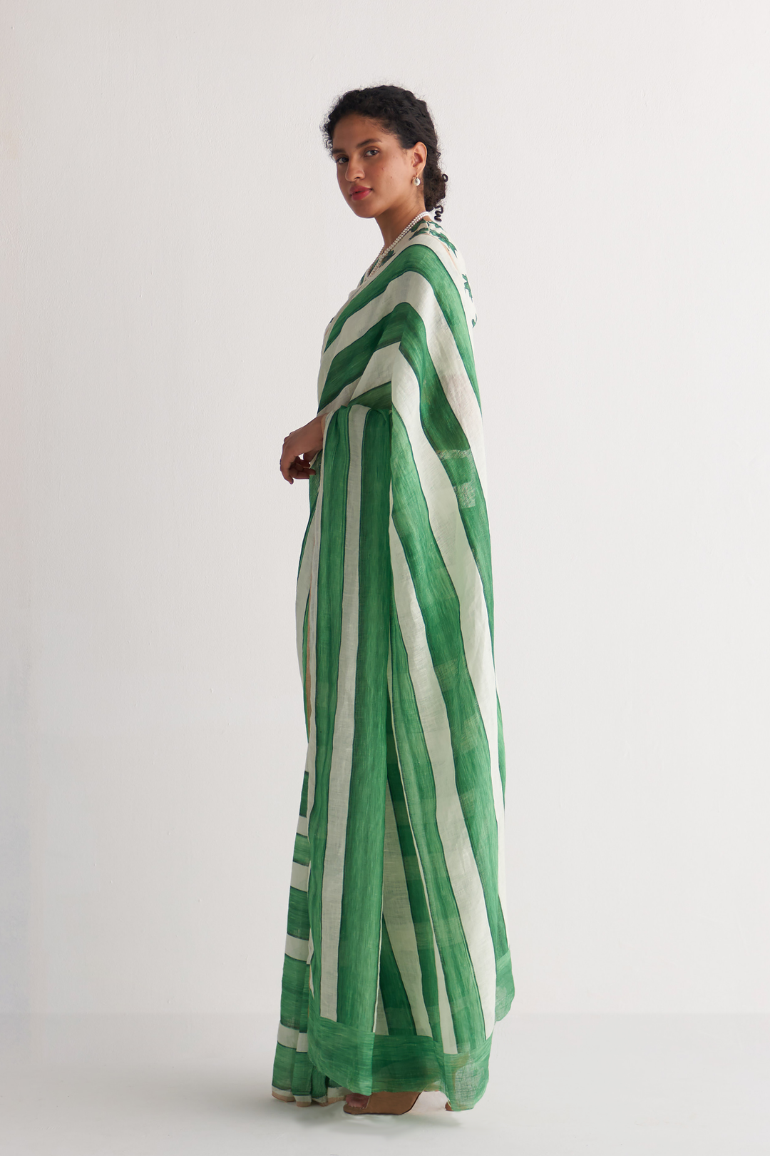 Green & White Streak Saree