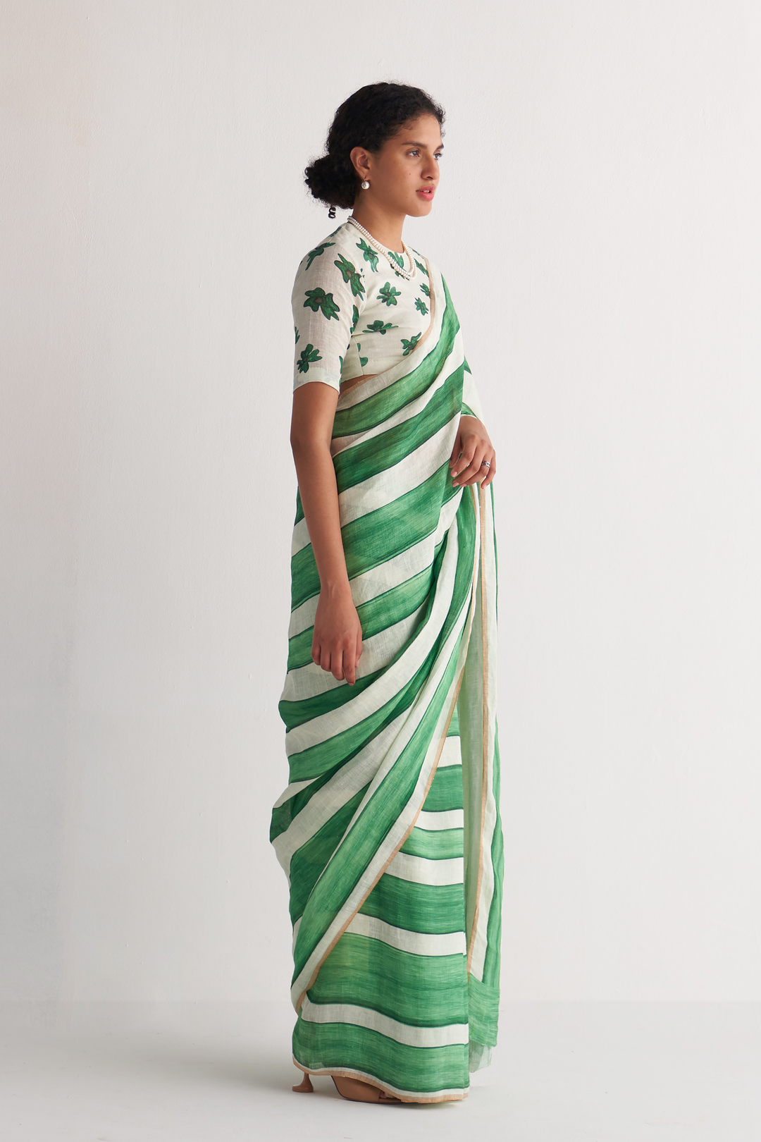 Green & White Streak Saree