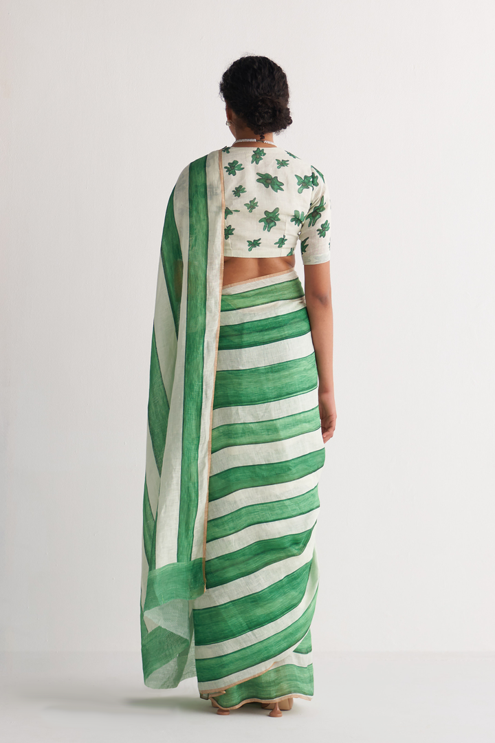 Green & White Streak Saree