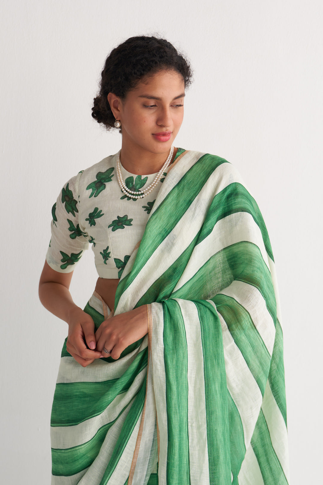 Green & White Streak Saree