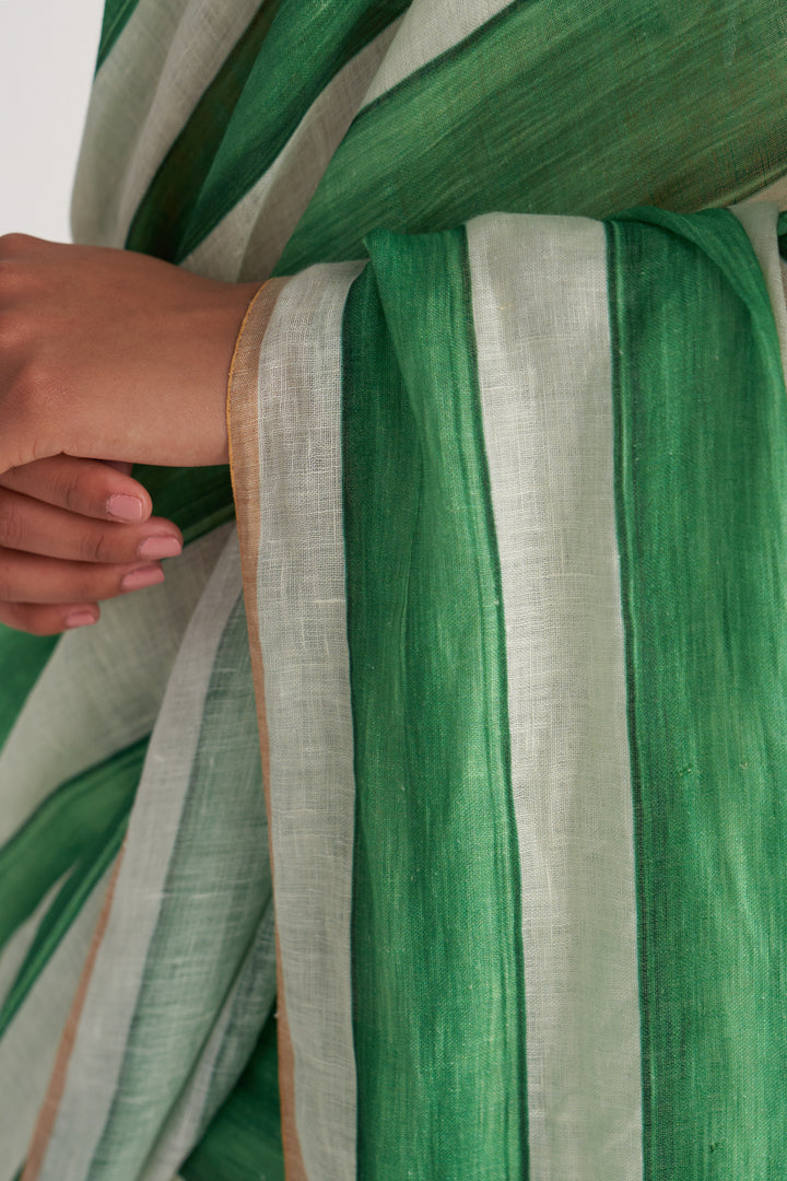 Green & White Streak Saree