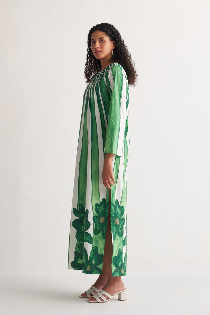 Green Stripe floweret Maxi Dress