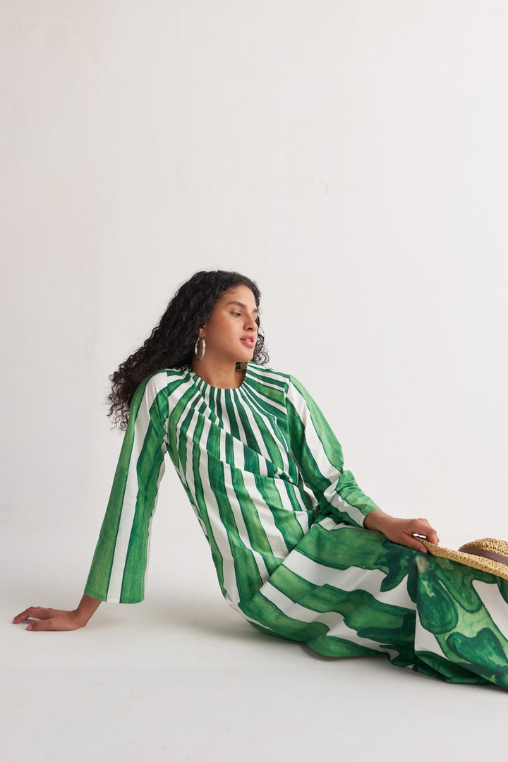 Green Stripe floweret Maxi Dress