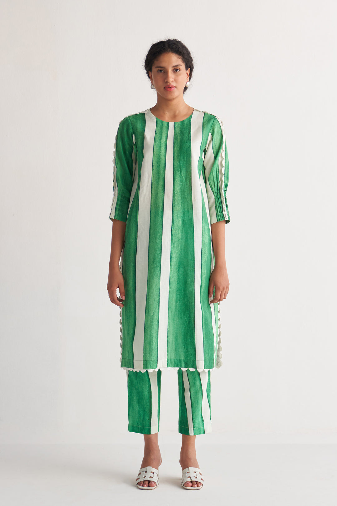 Green & White streak kurta