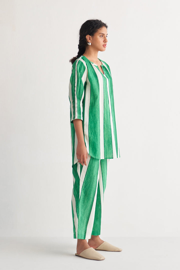 Green & White Streak Short Tunic Set