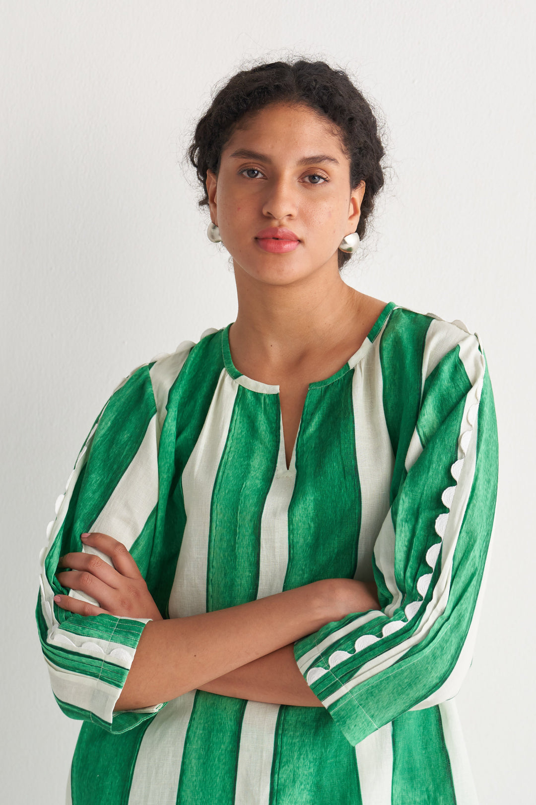 Green & White Streak Short Tunic Set