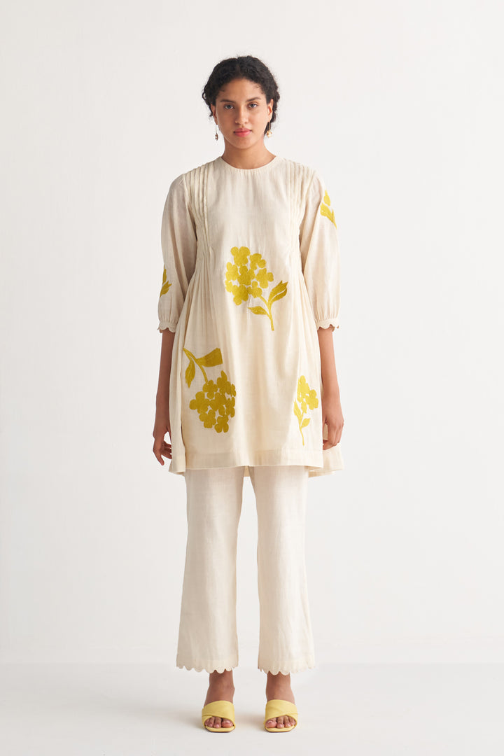 Canary Yellow Pintuck Cross-stitch bunch Off-White Co-Ord Set