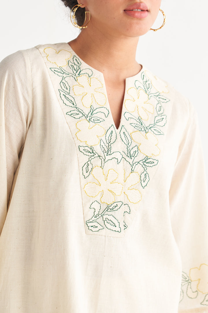 Green & Yellow Contour Cross-stitch Off-White short Tunic