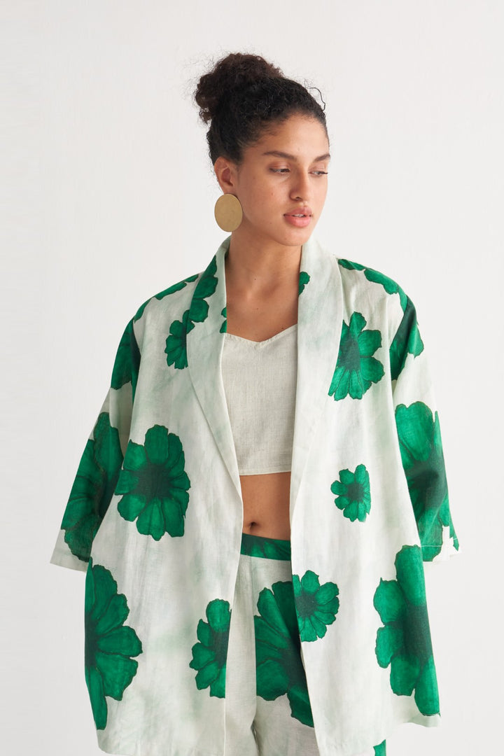 Green Floral Fantasy Shawl collar Top