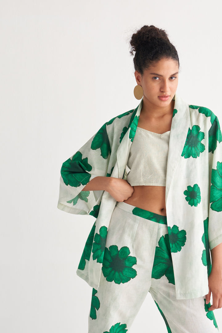 Green Floral Fantasy Shawl collar Co-Ord Set