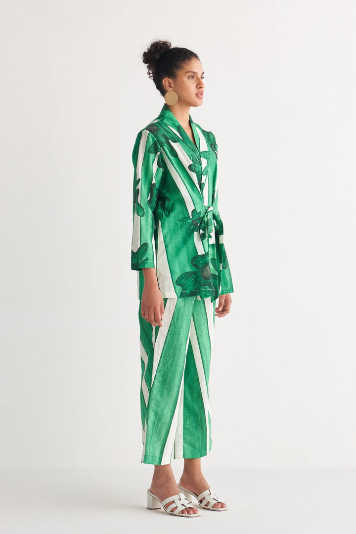 Green & White Striped Floweret Shawl Collar Co-Ord Set