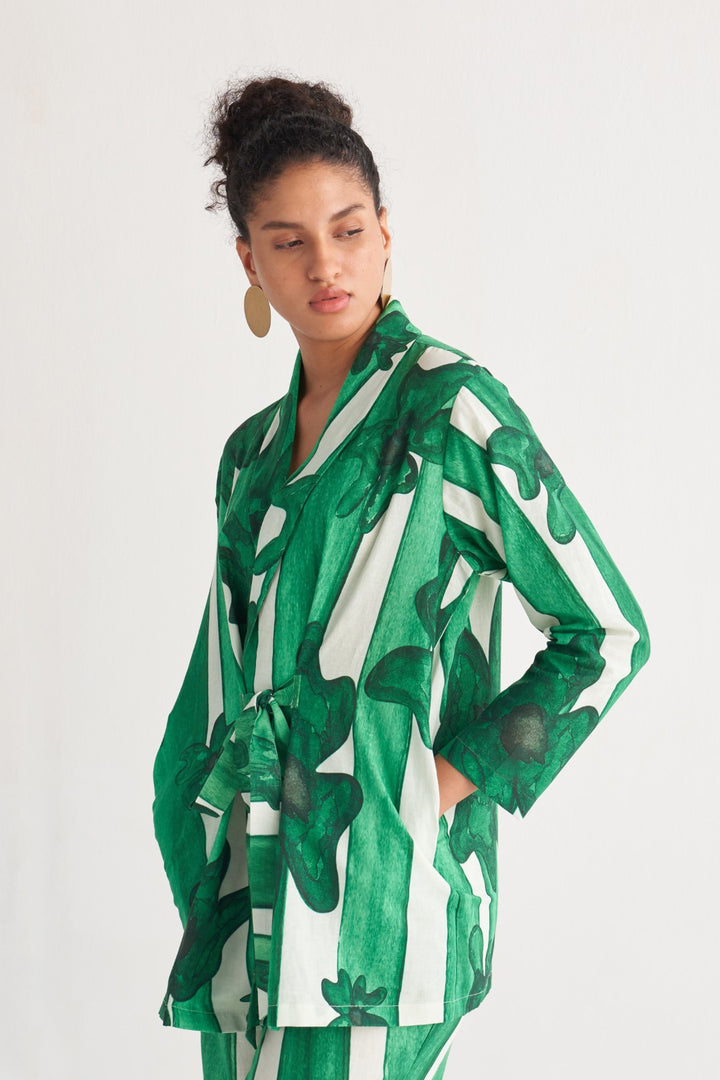 Green & White Striped Floweret Shawl Collar Co-Ord Set