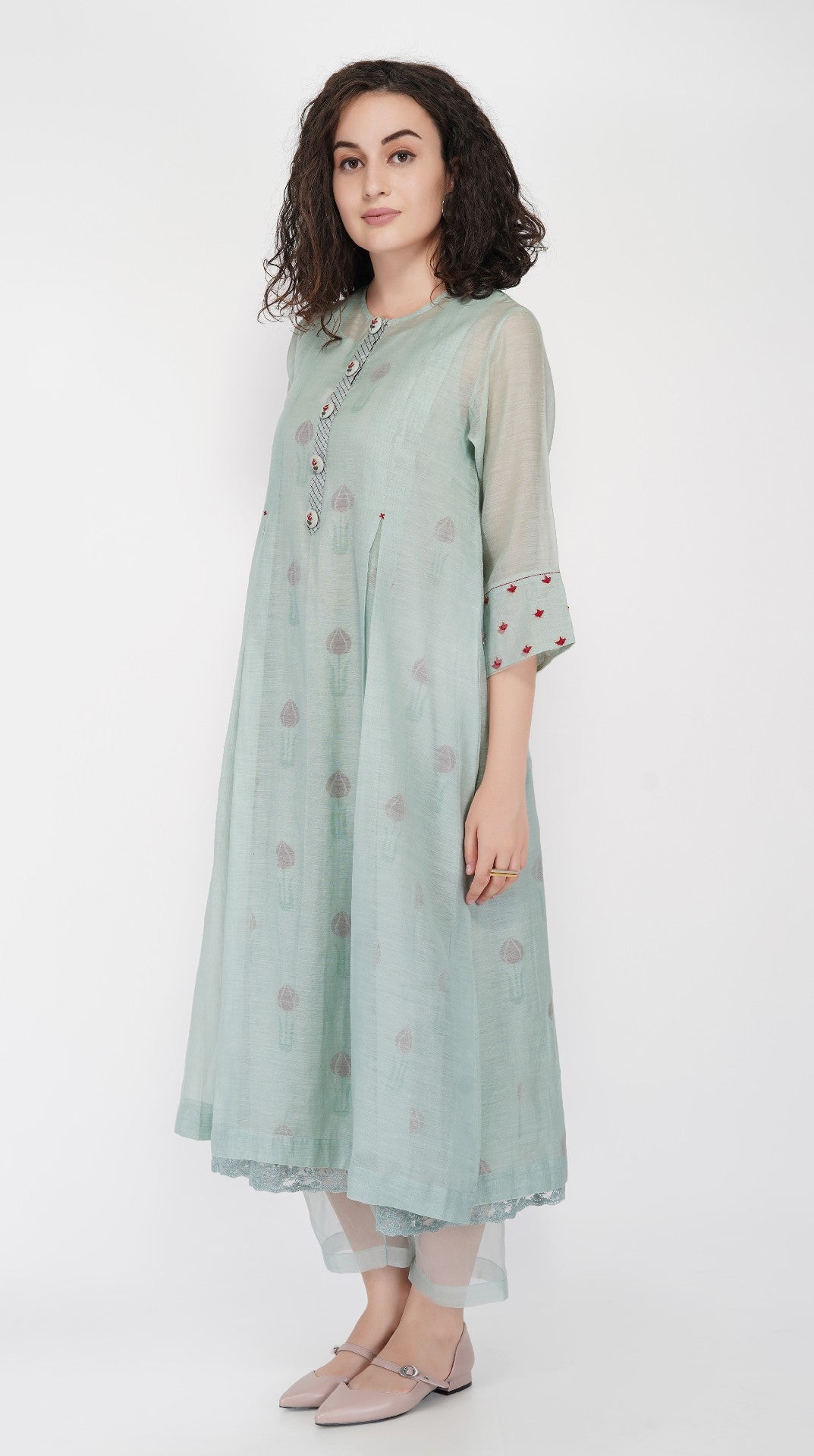 SAAWAN SAGE GREEN BOX PLEAT WITH BUTTON EMBROIDERY DRESS