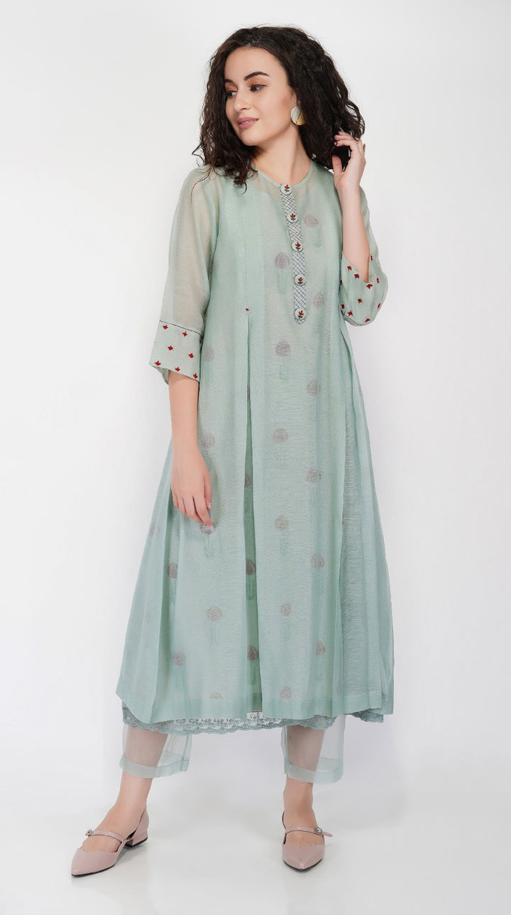 SAAWAN SAGE GREEN BOX PLEAT WITH BUTTON EMBROIDERY DRESS