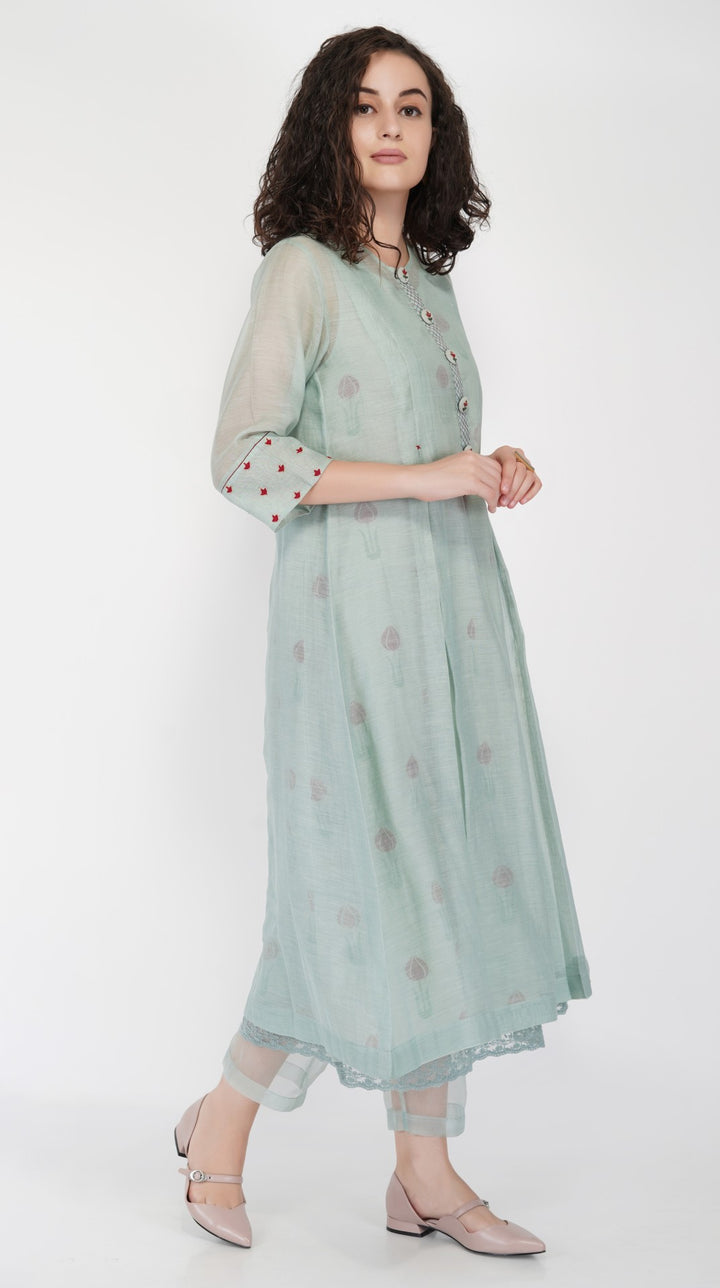 SAAWAN SAGE GREEN BOX PLEAT WITH BUTTON EMBROIDERY DRESS