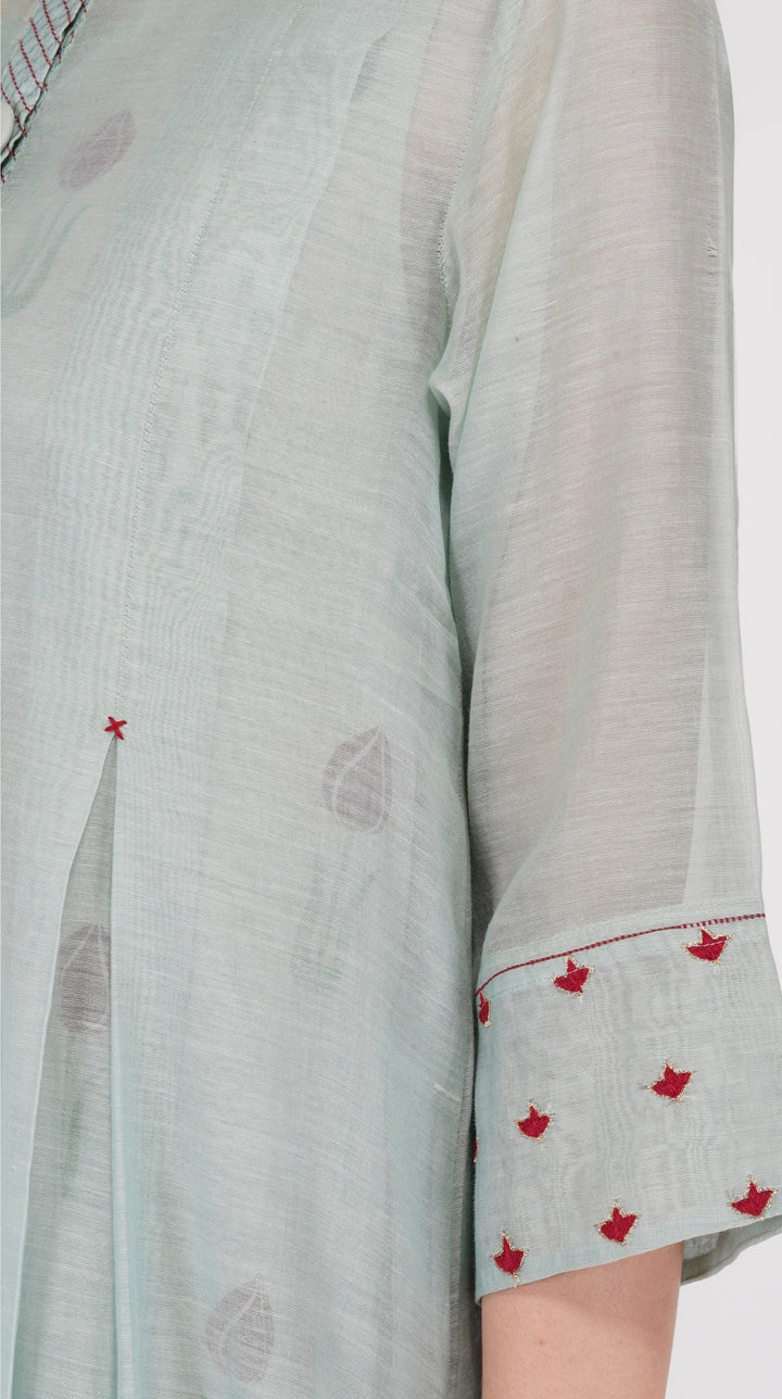 SAAWAN SAGE GREEN BOX PLEAT WITH BUTTON EMBROIDERY DRESS